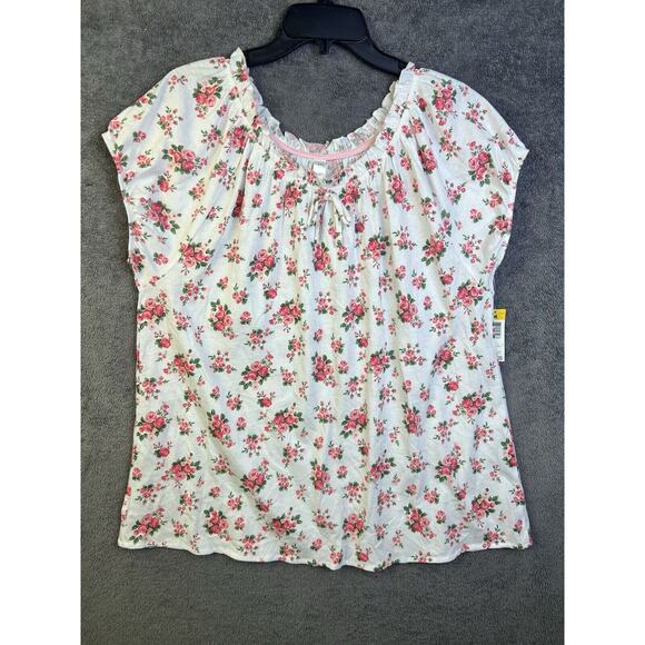 Pink K Women’s Shirt White Floral Flowy Blouse Size M Round Neck Pelal Sleeves - Picture 2 of 6